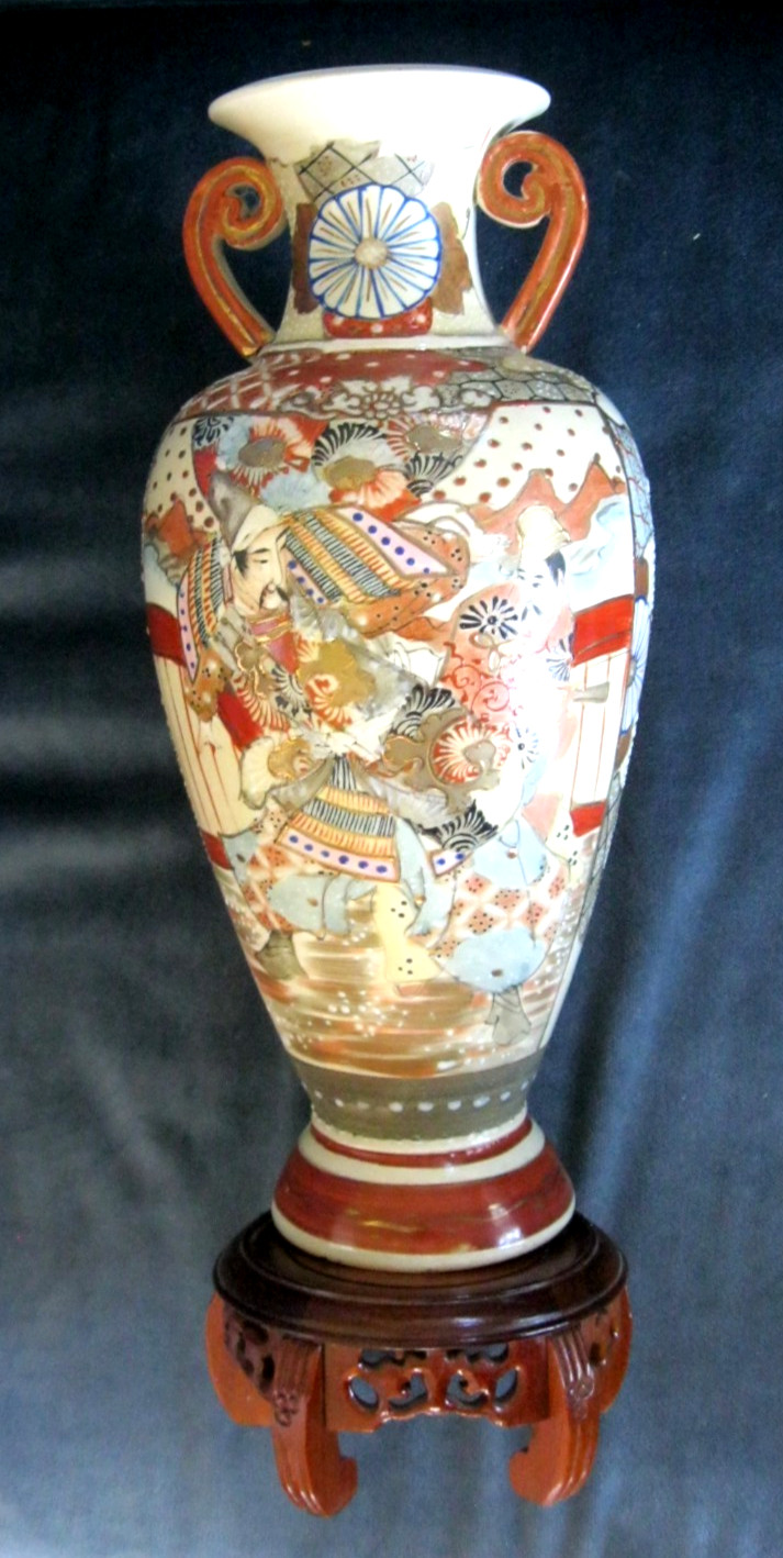 Authentic Meiji Era Antique Japanese Satsuma Vase 16.5” Tall w/Rosewood Stand