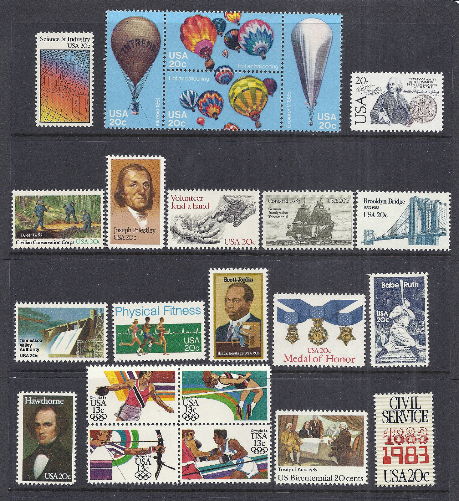 US 1983 Commemorative Year Set of 47, Xmas & Airmails 2031-2065, C101-C112 MNH