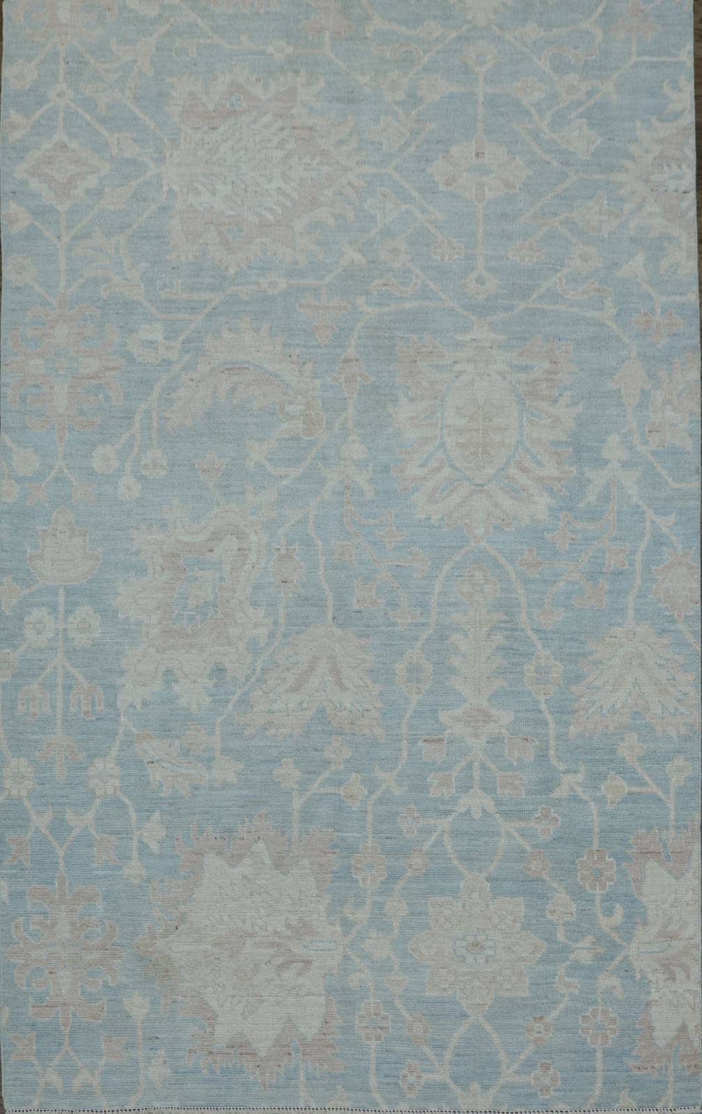 Elegant Sky Blue Oushak Turkish Rug 5x9 Ft Handmade Transitional Wool Carpet