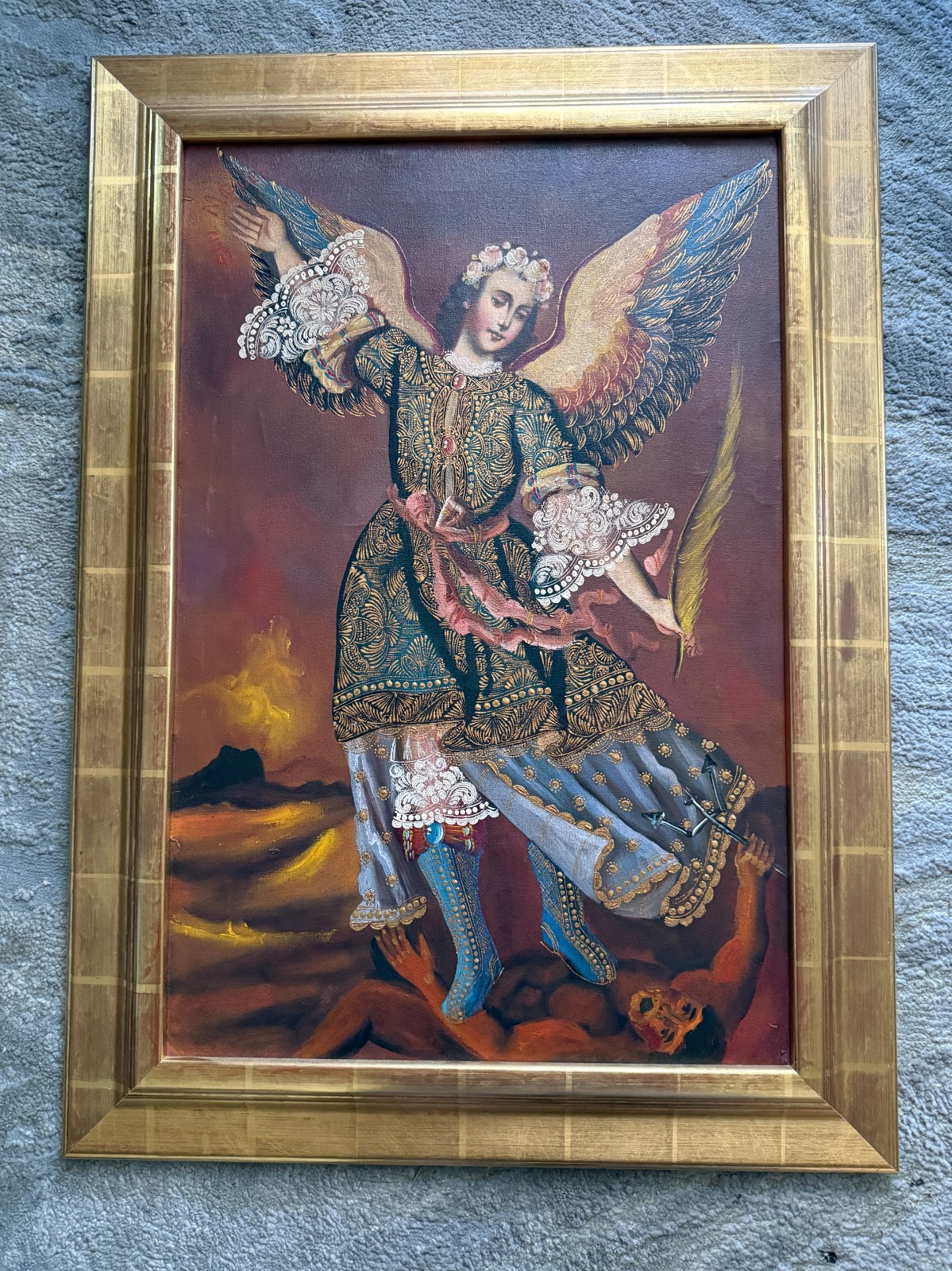 Vintage Archangel Michael Defeating Satan Painting Gold Textured Religious Frame