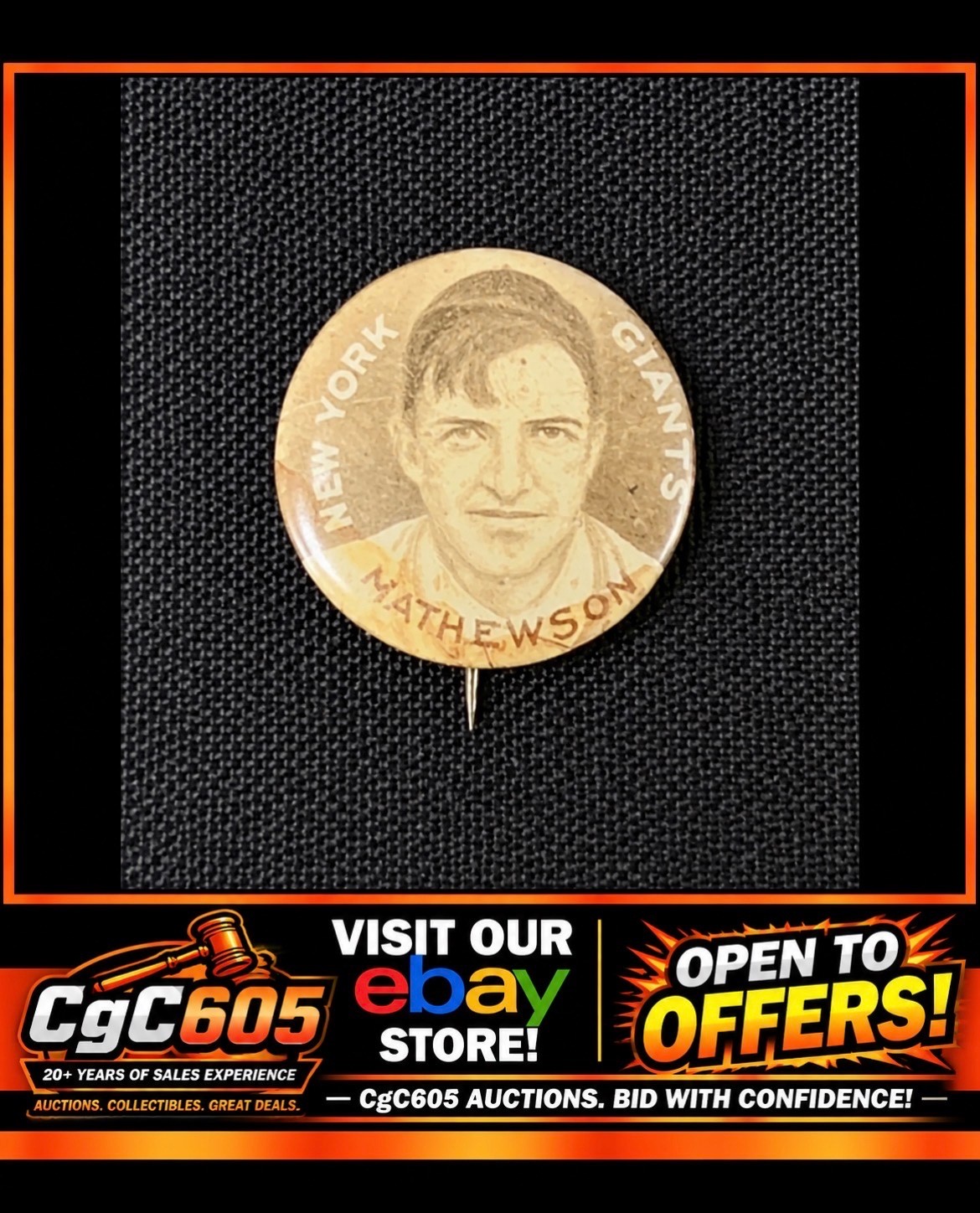 1910-12 Sweet Caporal HOF Christy Mathewson Vintage Baseball Pin *CgC605* 1910-12 Sweet Caporal HOF Christy Mathewson Vintage Baseball Pin *CgC605*