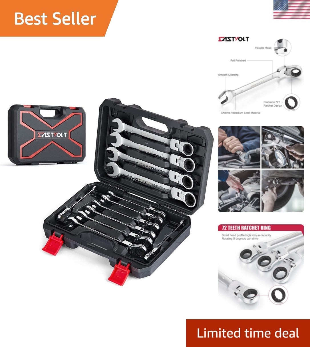 Versatile 12-Piece Flex-Head Ratchet Wrench Set for Precision Repairs - 8-19mm