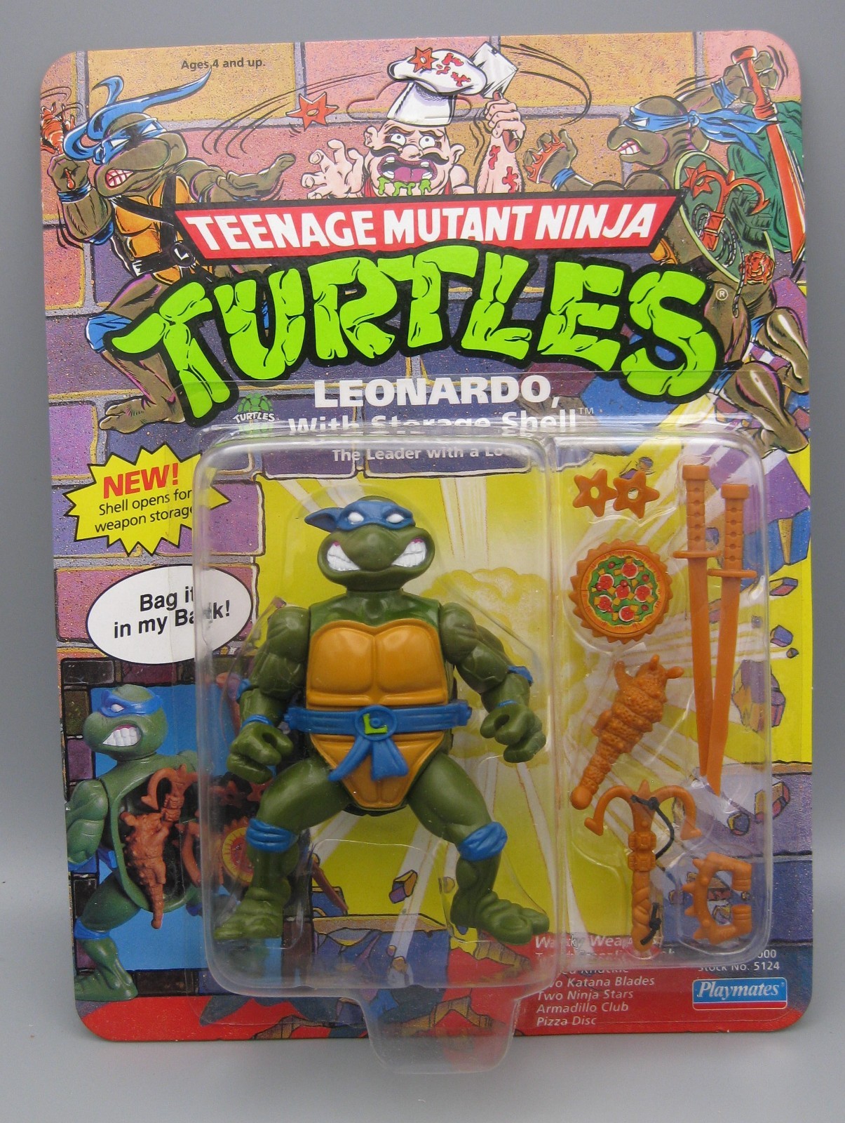 Teenage Mutant Ninja Turtle Leonardo with storage shell UNPUNCHED 1991 Real Nice Teenage Mutant Ninja Turtle Leonardo with storage shell UNPUNCHED 1991 Real Nice