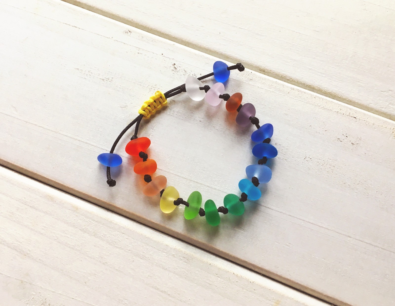 Handmade Rainbow Beach Sea Glass Bracelet, Adjustable String Knot Sennit Jewelry Handmade Rainbow Beach Sea Glass Bracelet, Adjustable String Knot Sennit Jewelry