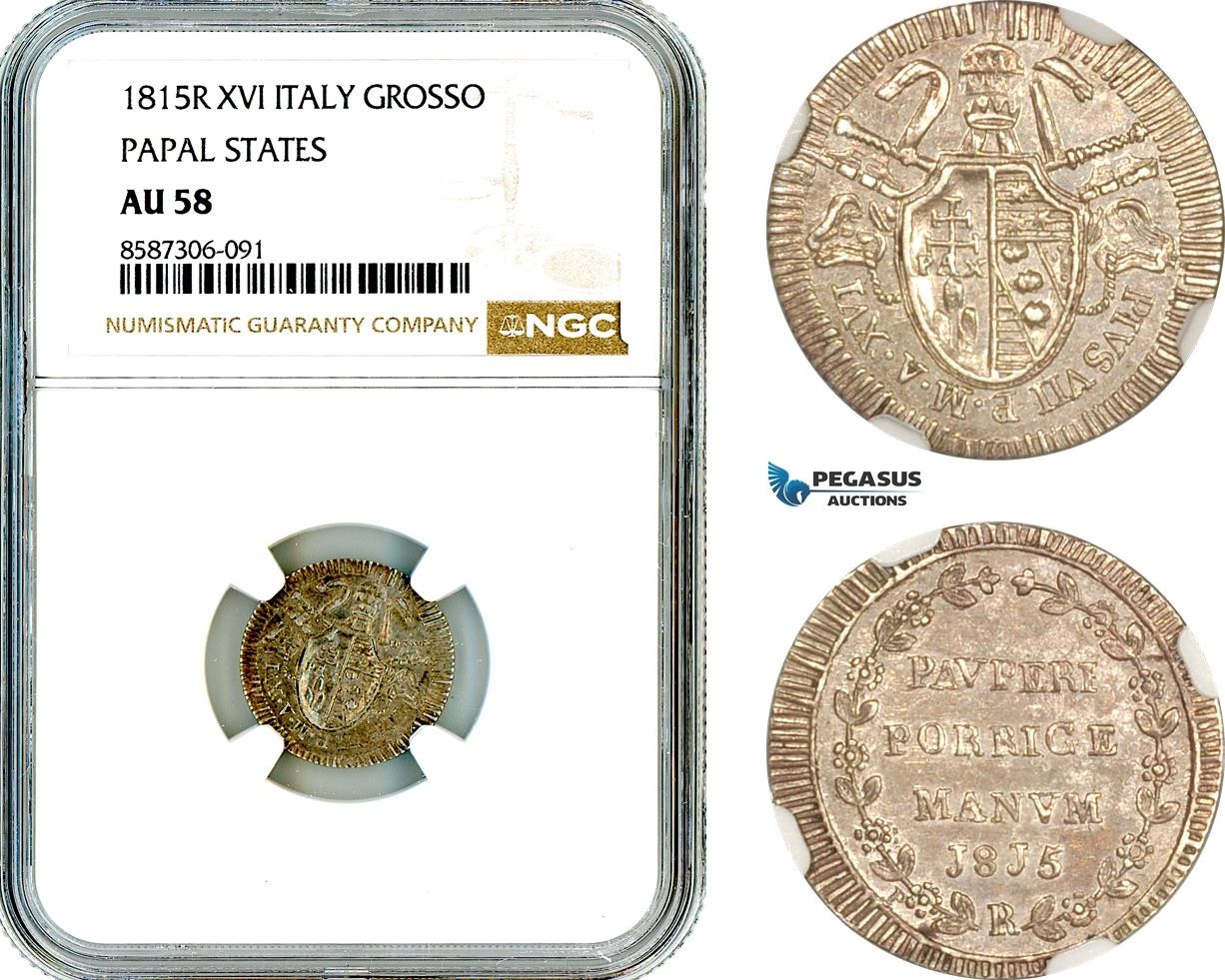 AL589, Italy, Pius VII, Grosso 1815 R, Anno XVI, Rome Mint, NGC AU58, Top Pop