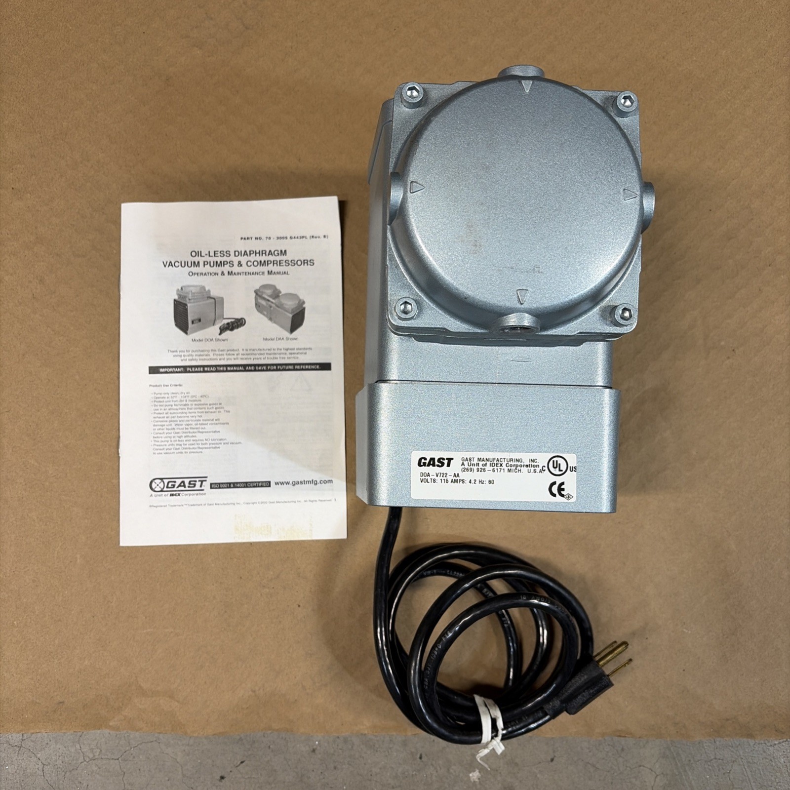 Gast DOA-P707-AA Compressor Vacuum Pump 2Z866 Used Good Condition Gast DOA-P707-AA Compressor Vacuum Pump 2Z866 Used Good Condition
