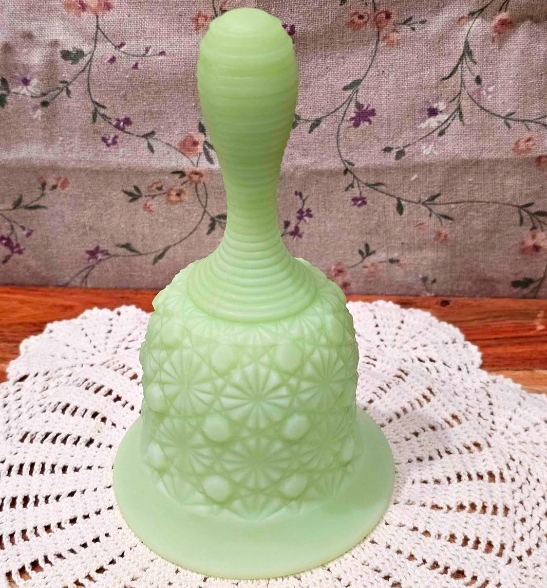 Vintage Fenton Art Glass lime green satin glass bell Daisy and Button Vintage Fenton Art Glass lime green satin glass bell Daisy and Button