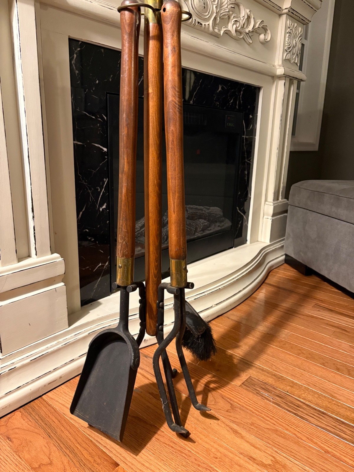 Vintage MCM Seymour Mfg Co Fireplace Tool Set Iron, Brass Wood Handle Antique Vintage MCM Seymour Mfg Co Fireplace Tool Set Iron, Brass Wood Handle Antique