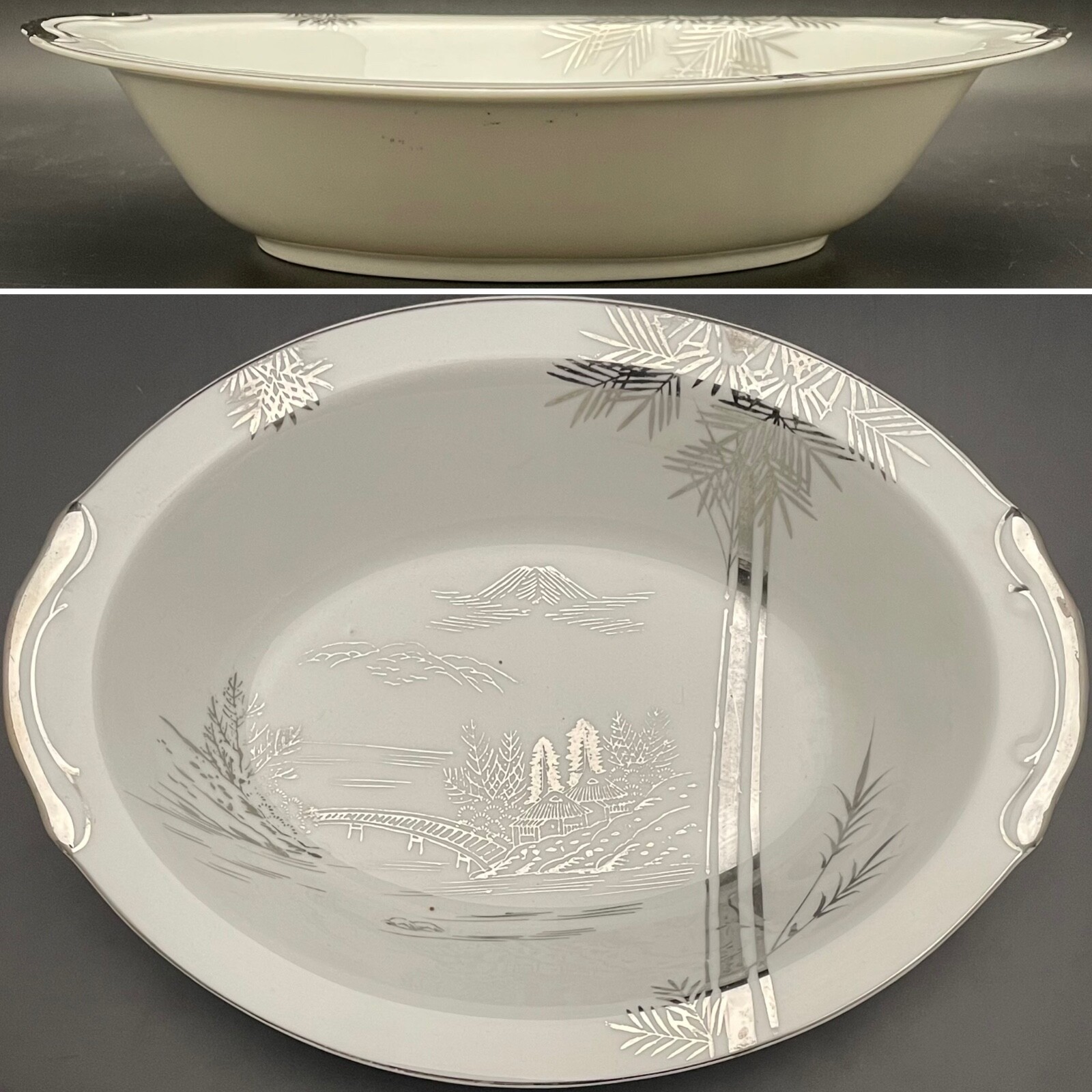 Hayasi Fine China Platinum Mt Fuji Foot Bridge Oval Serving Bowl Japan 11\