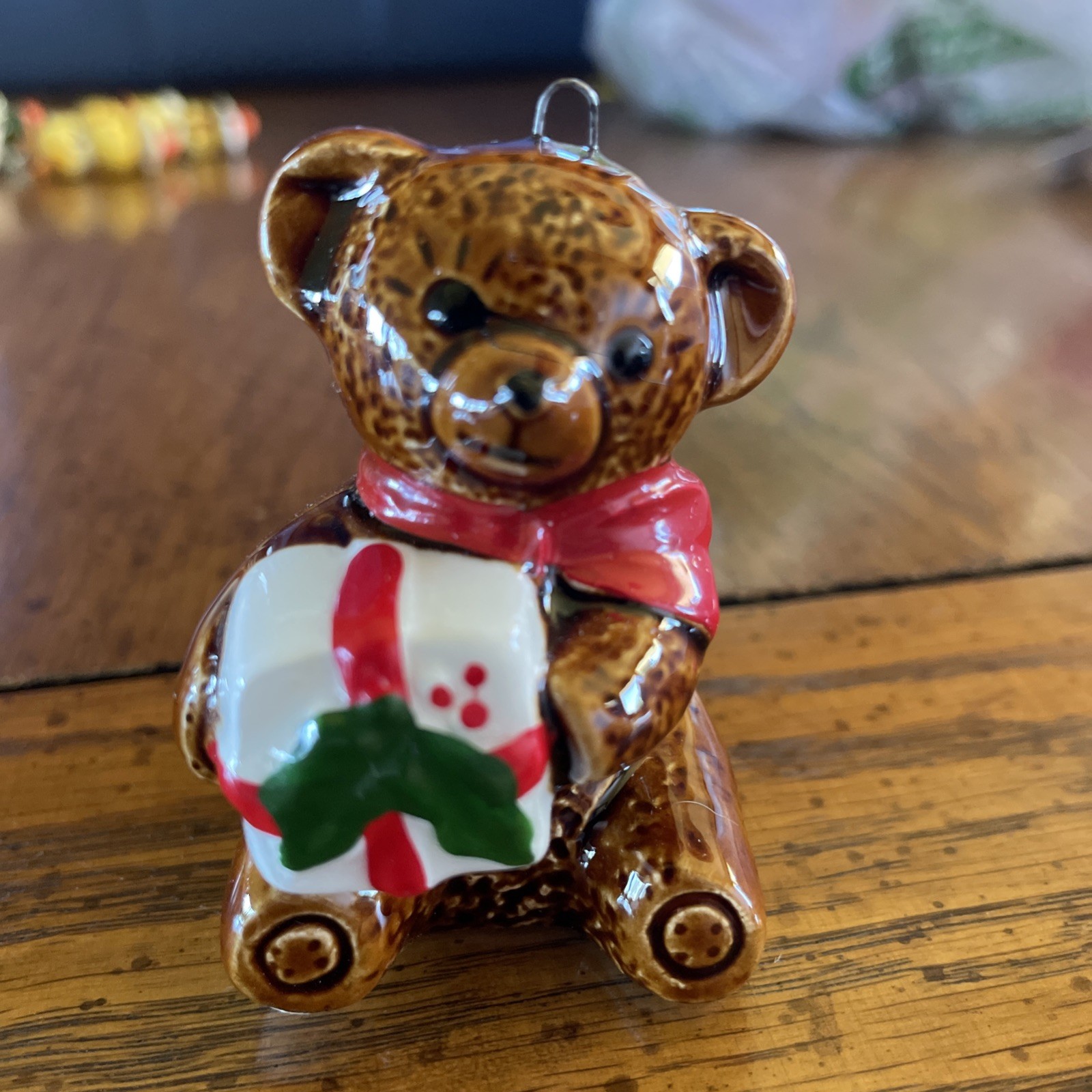 Vintage Schmid ceramic Teddy Bear holding a gift ornament Vintage Schmid ceramic Teddy Bear holding a gift ornament
