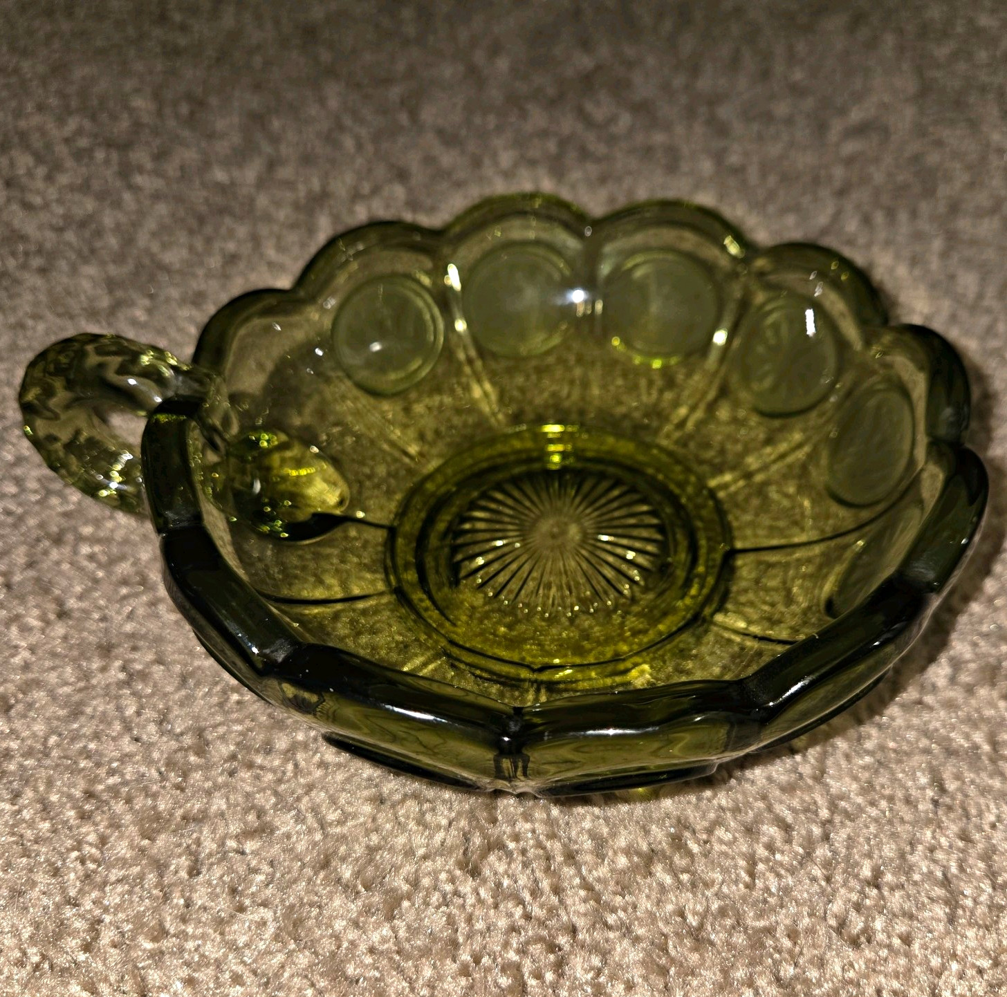• Vintage Fostoria Green Glass Candy Dish Eagle & Torch Coin Dot Pattern Scallop • Vintage Fostoria Green Glass Candy Dish Eagle & Torch Coin Dot Pattern Scallop