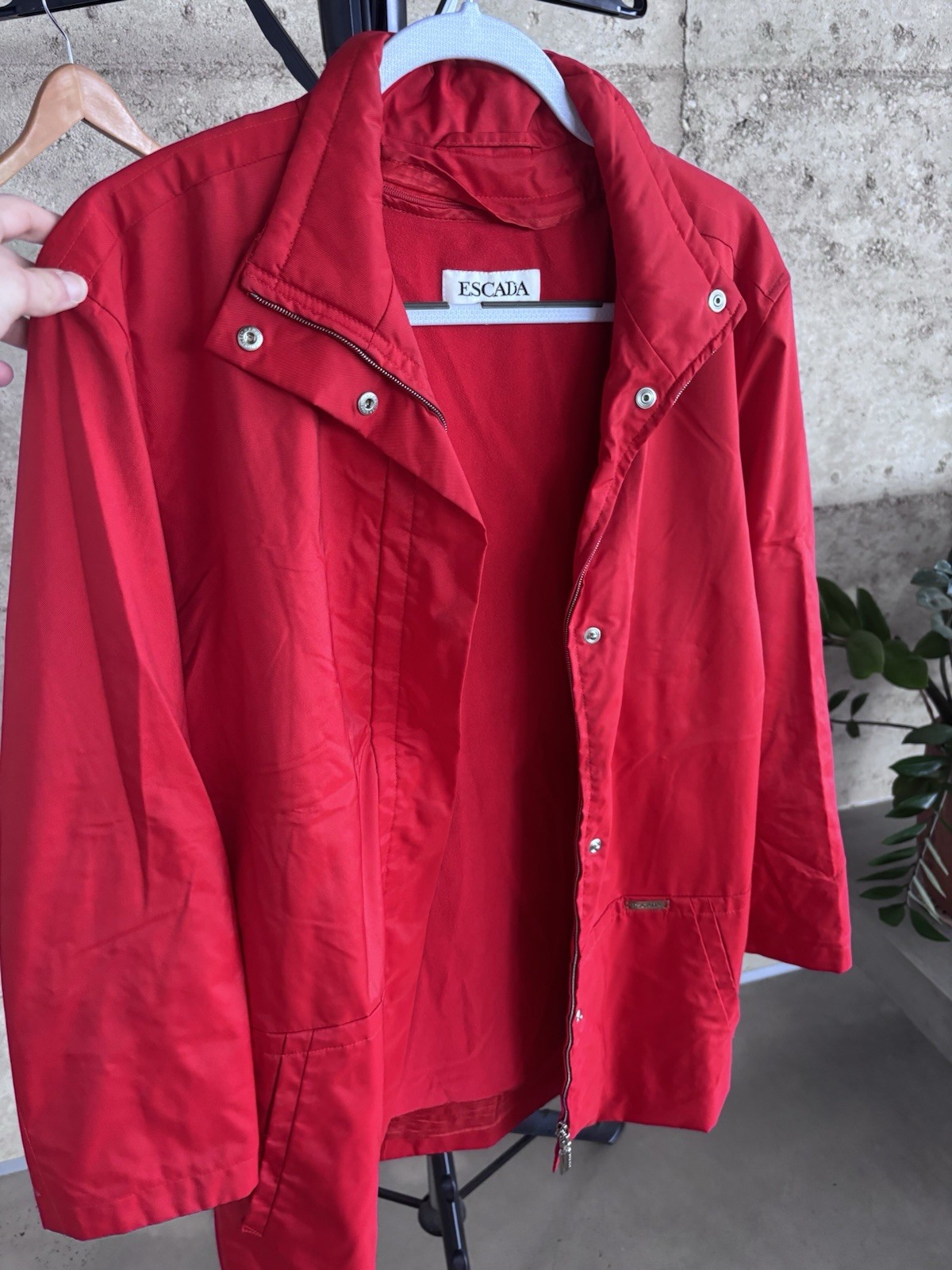 Escada Women’s Red Twill Zip & Button Jacket - VINTAGE Escada Women’s Red Twill Zip & Button Jacket - VINTAGE