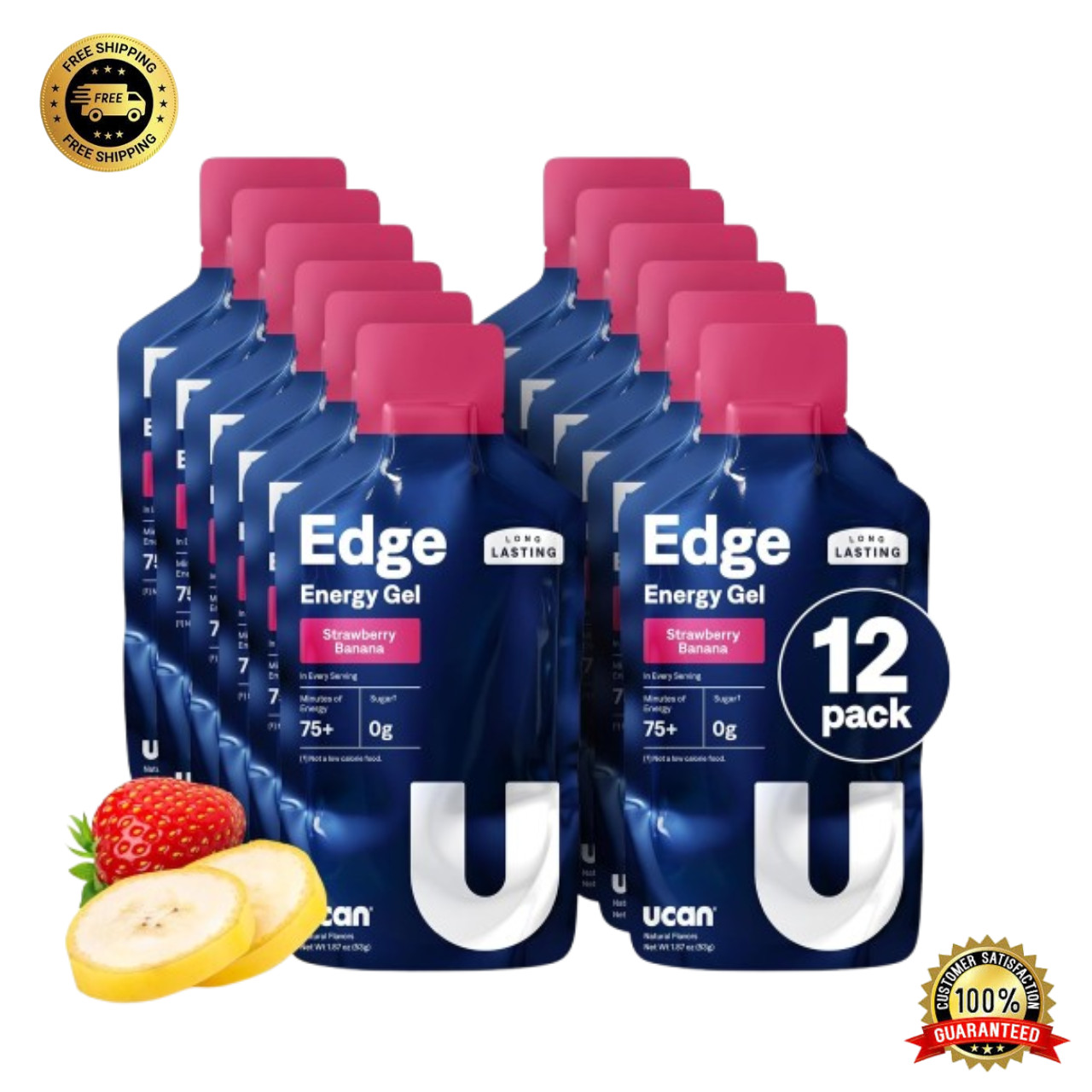 UCAN Edge Energy Gel Shots, Strawberry Banana - Best Energy Supplement - 12 Pack