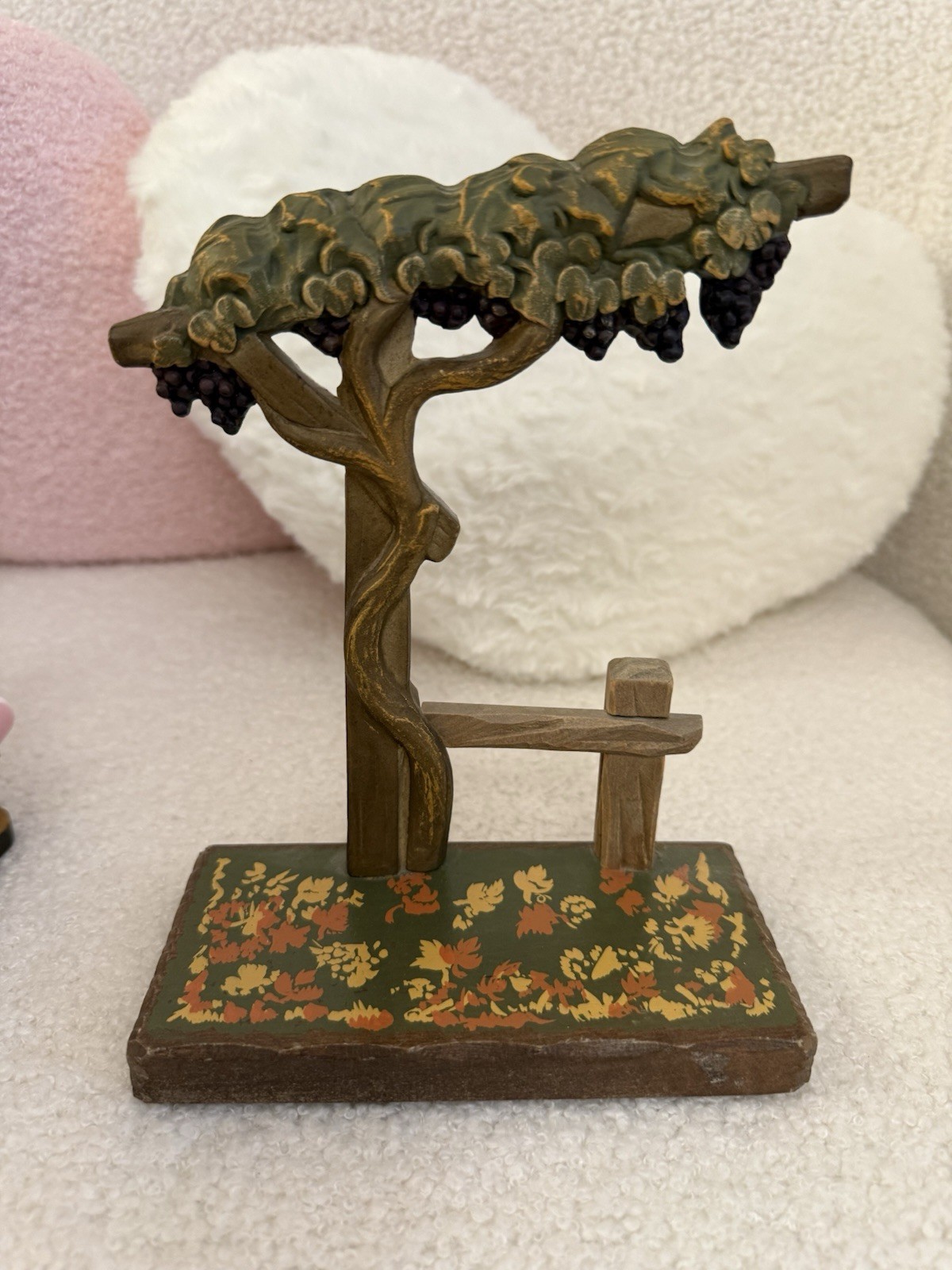 ANRI Hand Painted Wood Tree Figurine with Grapes on Base 1970s ANRI Hand Painted Wood Tree Figurine with Grapes on Base 1970s