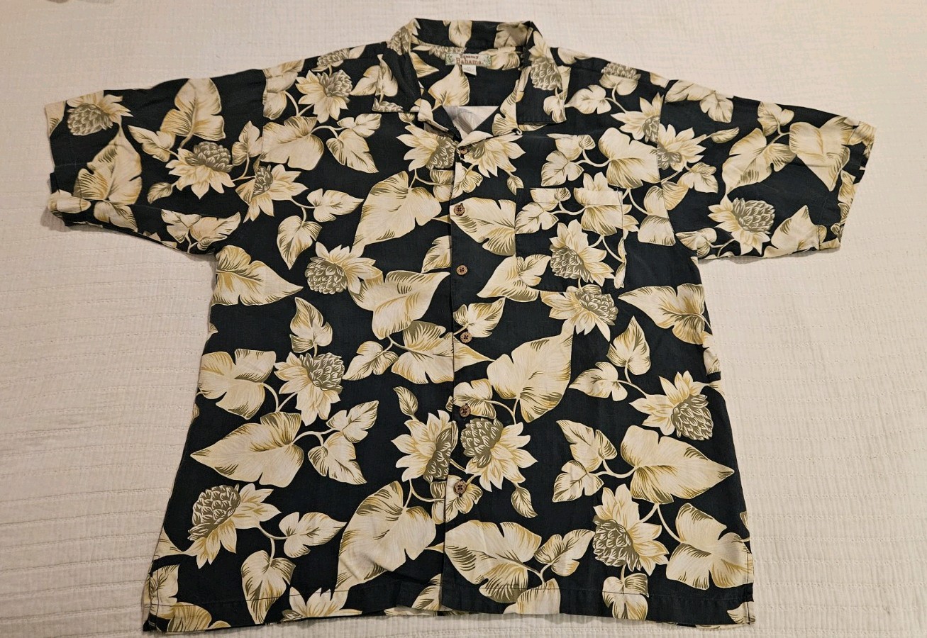 Men\'s Vintage Tommy Bahama Silk Hawaiian Shirt sz XL Blue Gray Ecru Green EUC Men\'s Vintage Tommy Bahama Silk Hawaiian Shirt sz XL Blue Gray Ecru Green EUC