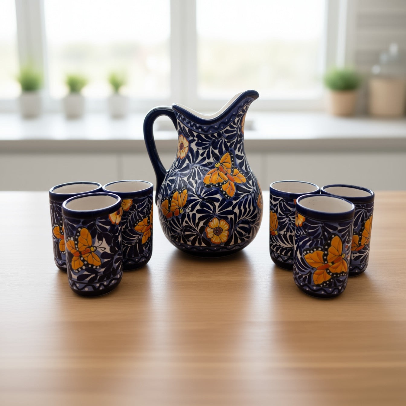 Blue Monarch Talavera Pitcher Set | Mexican Ceramic Drinkware