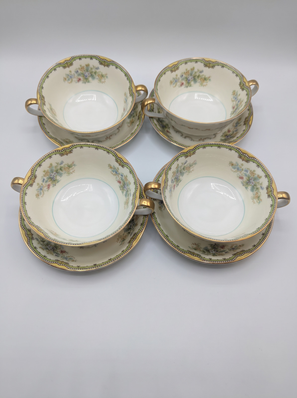 Vintage Noritake Japan 4 Cream Soup Cups Saucers Green Floral Gold 8 Pc Set