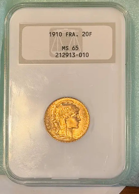 1910 France Gold 20 Francs Rooster NGC MS65 - Blazing Gem Mint State 1910 France Gold 20 Francs Rooster NGC MS65 - Blazing Gem Mint State