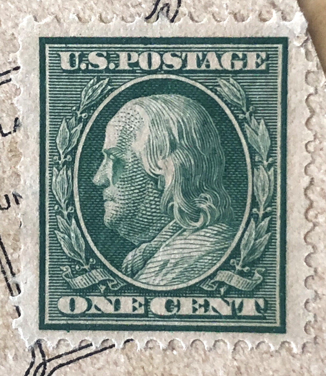 ANTIQUE US 1908 BENJAMIN FRANKLIN 1 CENT GREEN STAMP ON POSTCARD UNCANCELLED ANTIQUE US 1908 BENJAMIN FRANKLIN 1 CENT GREEN STAMP ON POSTCARD UNCANCELLED