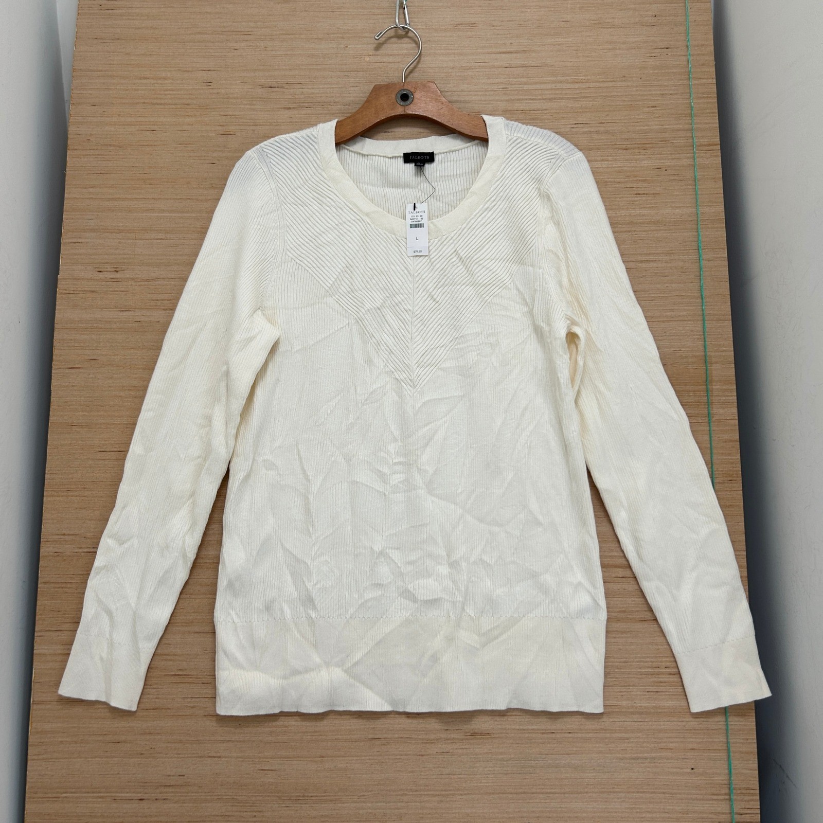 Talbots Cream Ribbed Chevron Yoke Crew Neck Sweater NWT Large 54796867