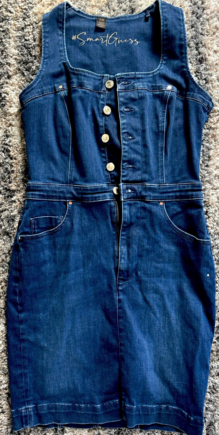 GUESS Women’s M Blue Denim Sleeveless Jumpsuit Square Neck Button Zip Pockets GUESS Women’s M Blue Denim Sleeveless Jumpsuit Square Neck Button Zip Pockets