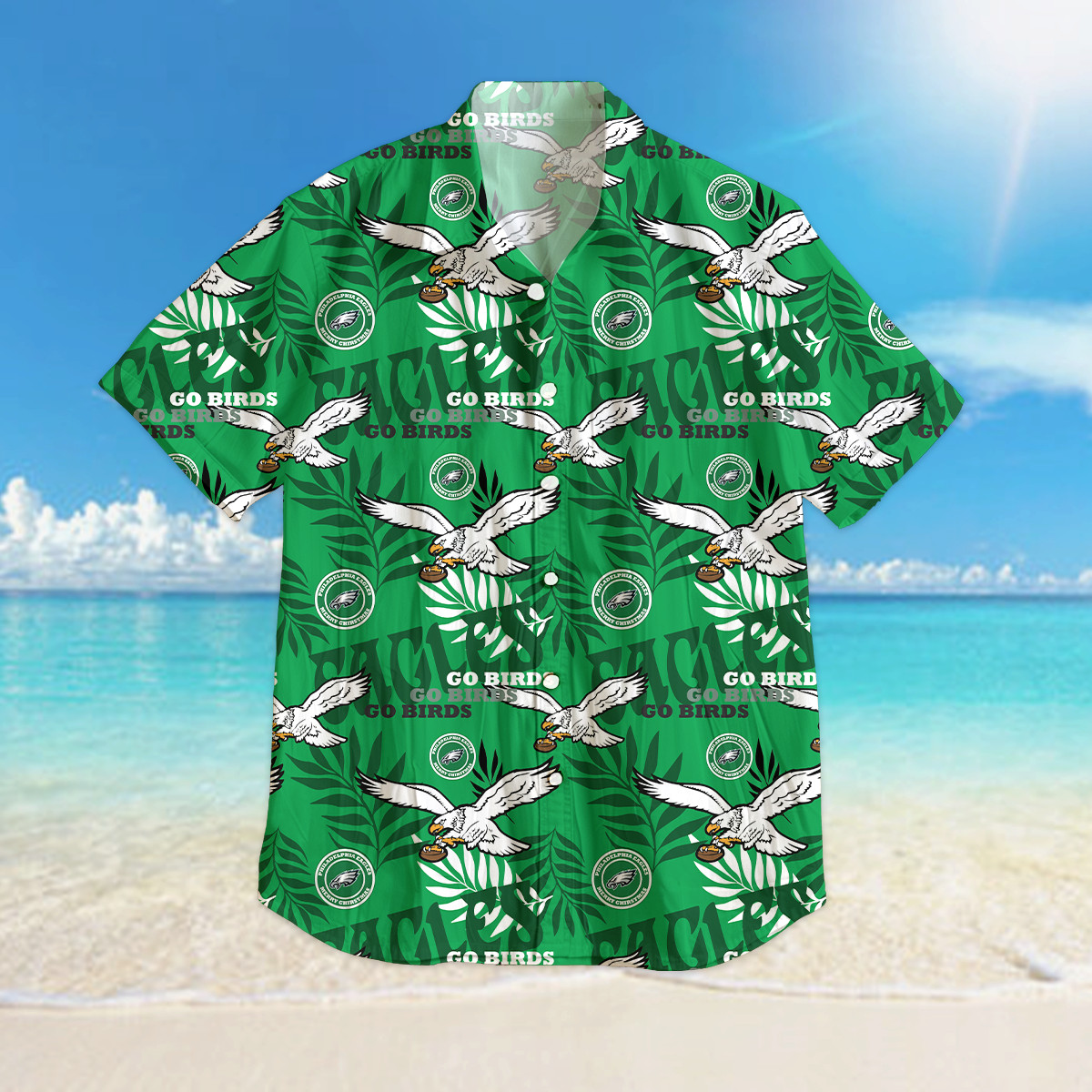 Men's Philadelphia Team Eagle Hawaiian Shirt, Throwback Logo, White/green