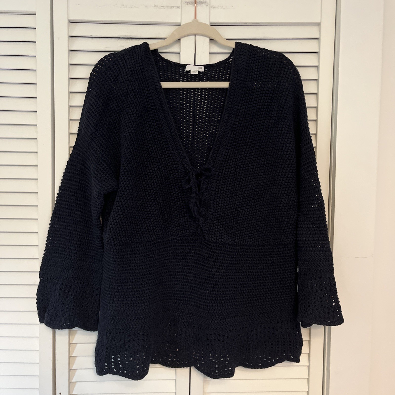 J. Jill 100% Cotton Crochet Lace Up Tassel Tie Sweater Size Large Petite