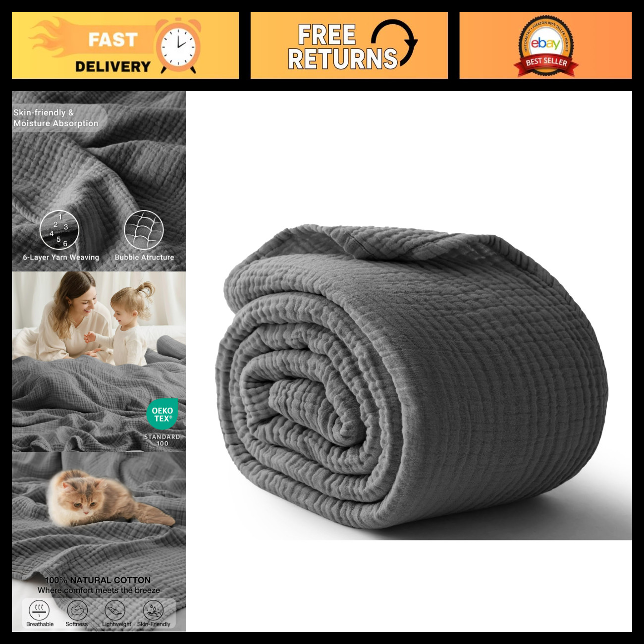 Soft 100% Cotton Muslin Blanket, 6-Layer Large Throw, 50x70, Dark Grey - Cozy Co Soft 100% Cotton Muslin Blanket, 6-Layer Large Throw, 50x70, Dark Grey - Cozy Co