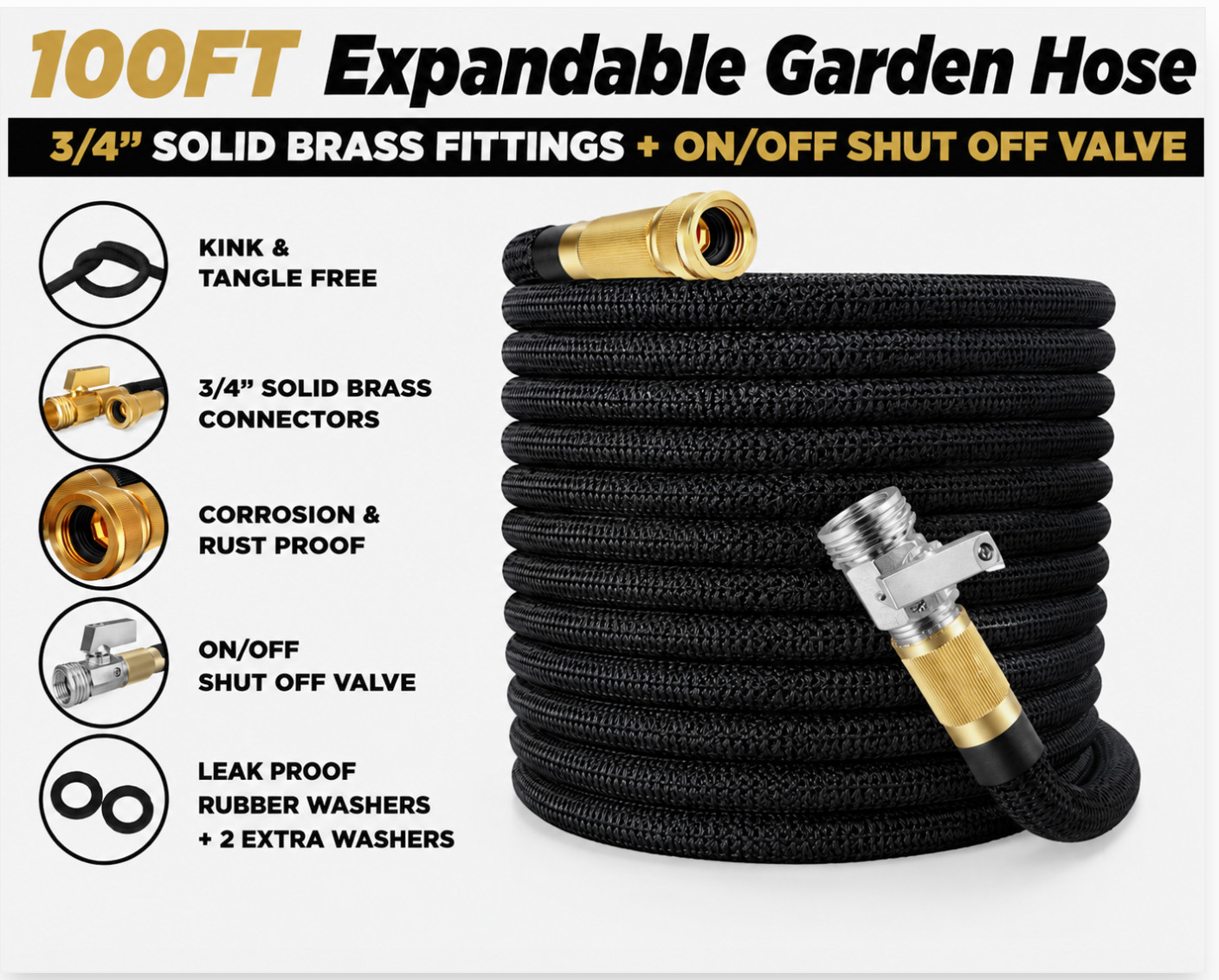 100FT Expandable Garden Hose Heavy Duty Metal Shut Off Valve 3/4 100FT Expandable Garden Hose Heavy Duty Metal Shut Off Valve 3/4