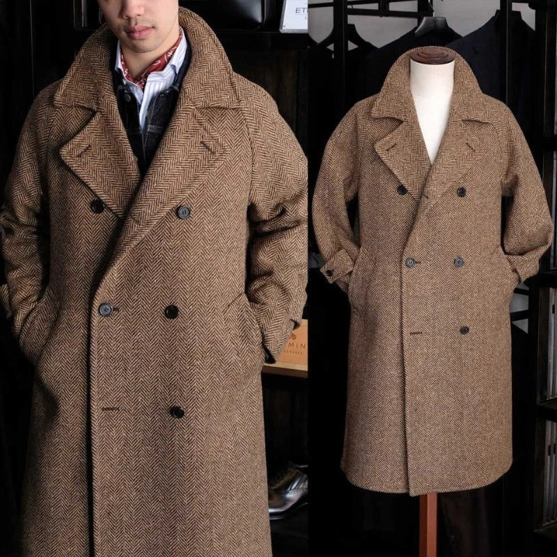 Men\'s Brown Autumn Winter Herringbone Long Coat Wide Lapel Offfice Trench Coats