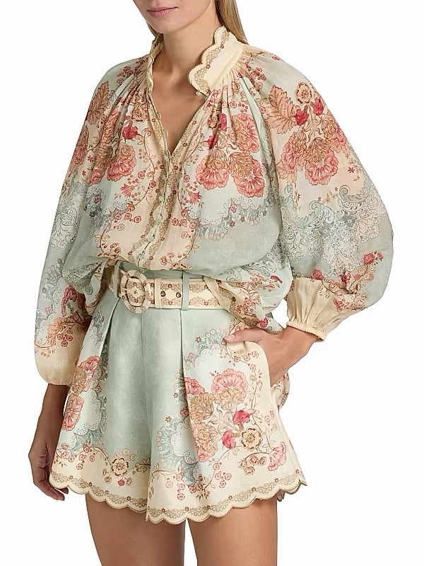 Zimmermann Daylight belted scalloped pleated printed linen shorts $495 Size 2