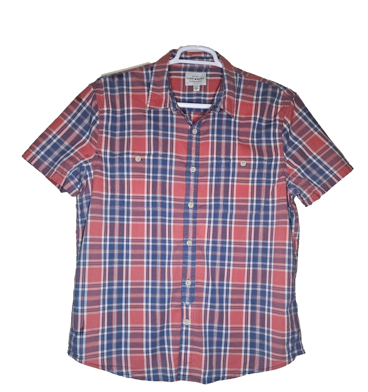 Lucky Brand Men\'s Blue Pink Plaid Short Sleeve Button-Up Shirt Size XL