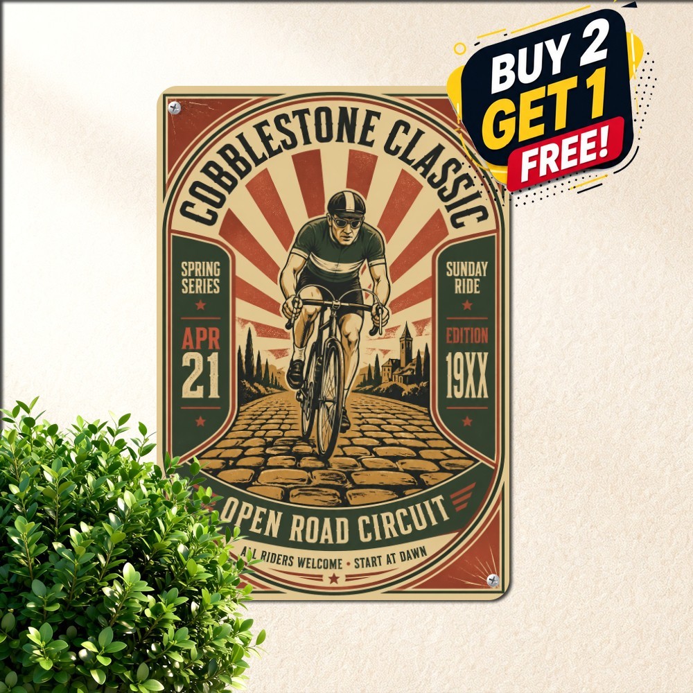Historic Road Cycling Race Cobblestone Peloton Wall Art Metal Tin Sign 8x12