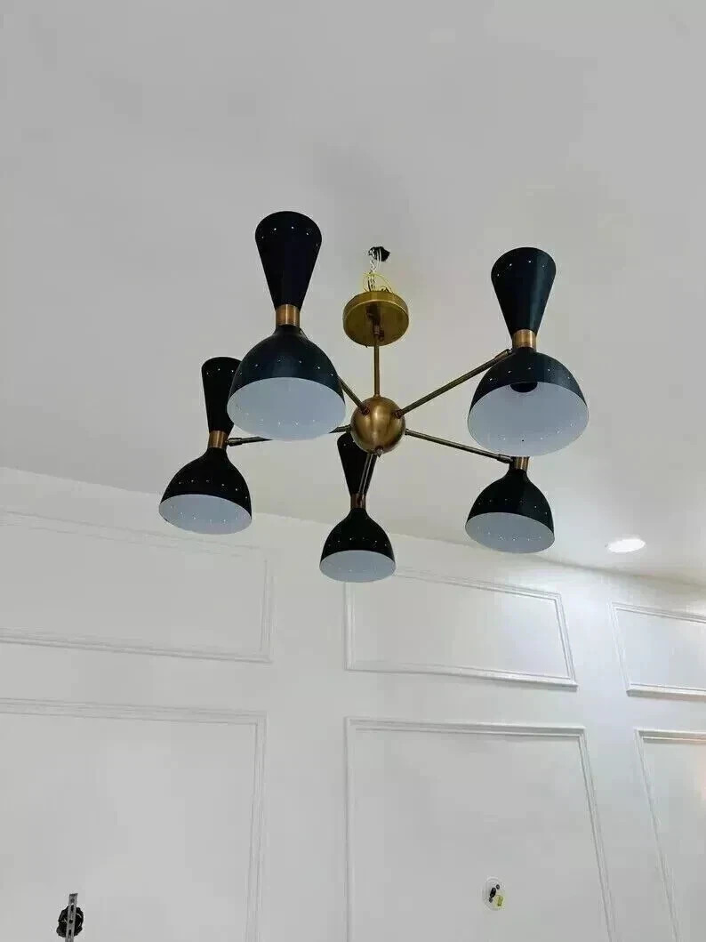 Mid Century Stilnovo Style 5 Arm 10 Light Modern Brass Sputnik Chandelier Light