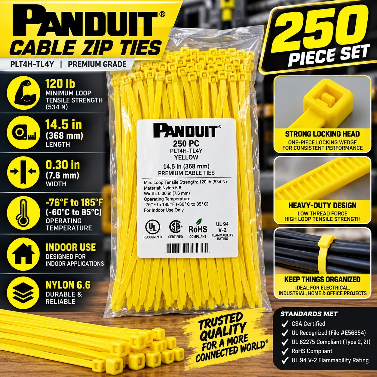 Panduit 14.5in Heavy-Duty Yellow Cable Zip Ties, 120lb Tensile Strength, 250 Pkg