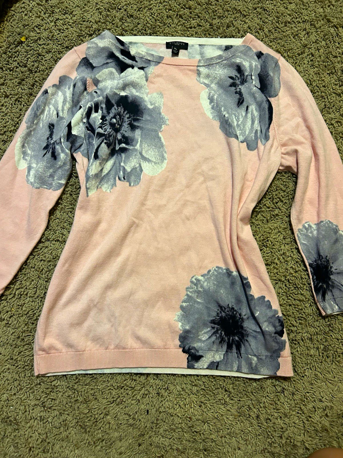 Talbots Womens Petites PM Pink Gray Floral Knit Crew Neck Pullover Sweater Talbots Womens Petites PM Pink Gray Floral Knit Crew Neck Pullover Sweater