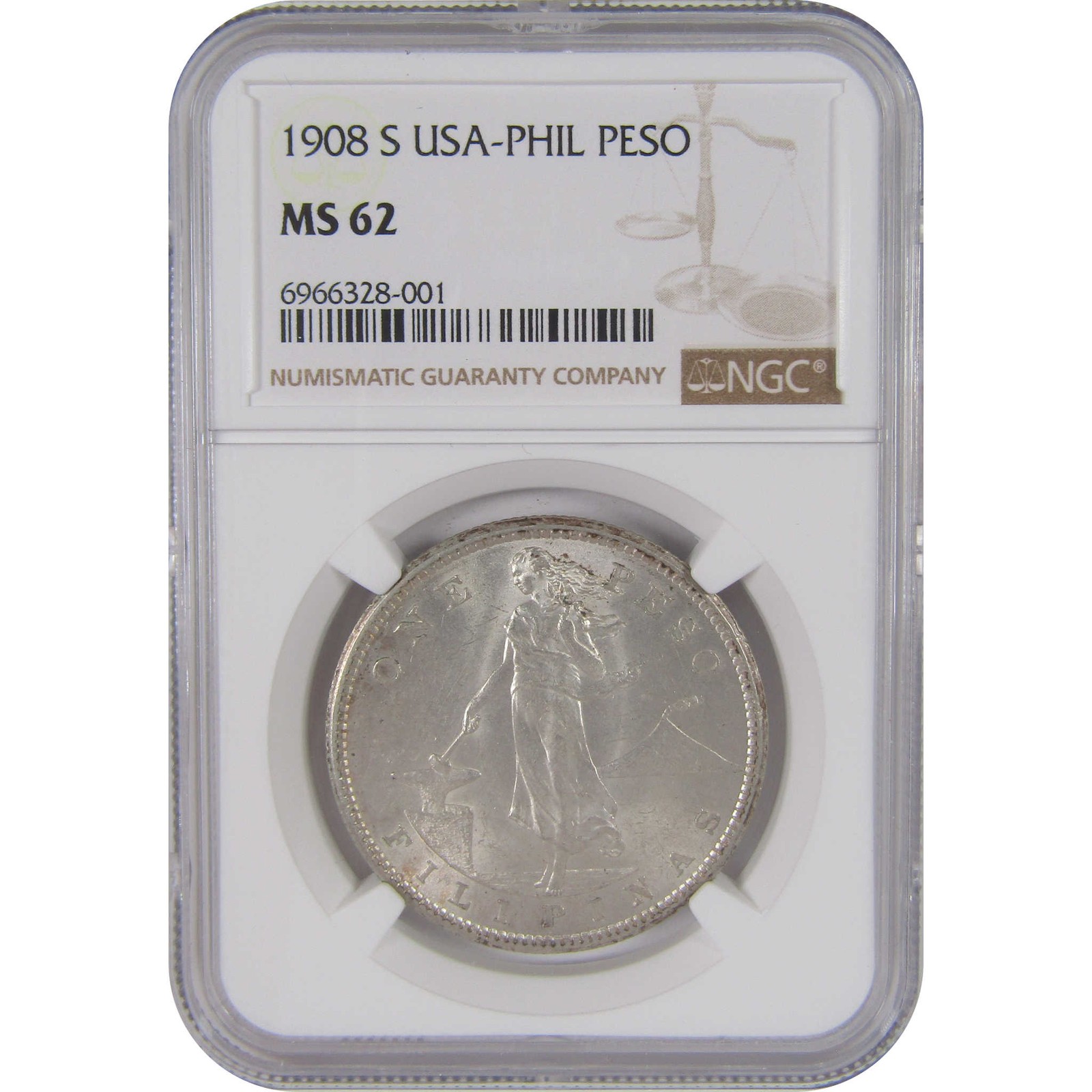 1908 S U.S. Philippines Peso MS 62 NGC Silver Uncirculated SKU:CPC9806 1908 S U.S. Philippines Peso MS 62 NGC Silver Uncirculated SKU:CPC9806