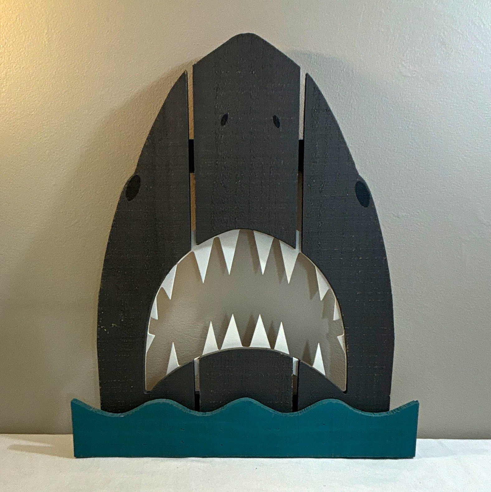 Painted Wood Shark Nautical Wall Plaque, Black/Blue/White/Gray, Hanging