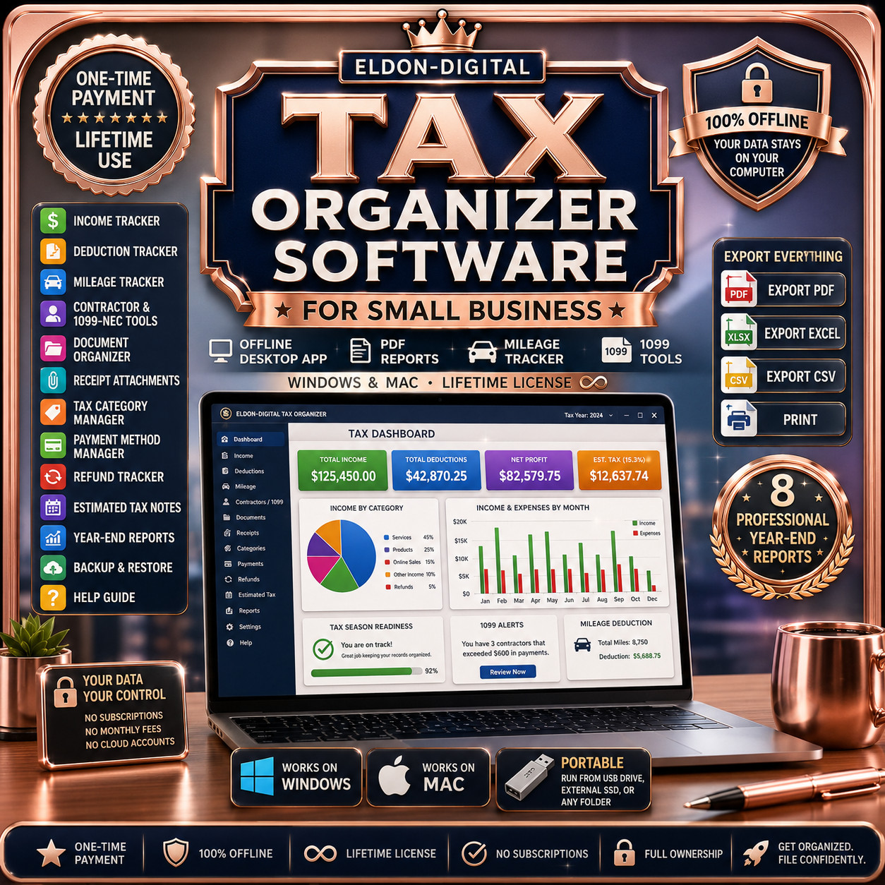 Tax Organizer Software USB Small Business Mileage 1099 Reports Windows Mac NEW