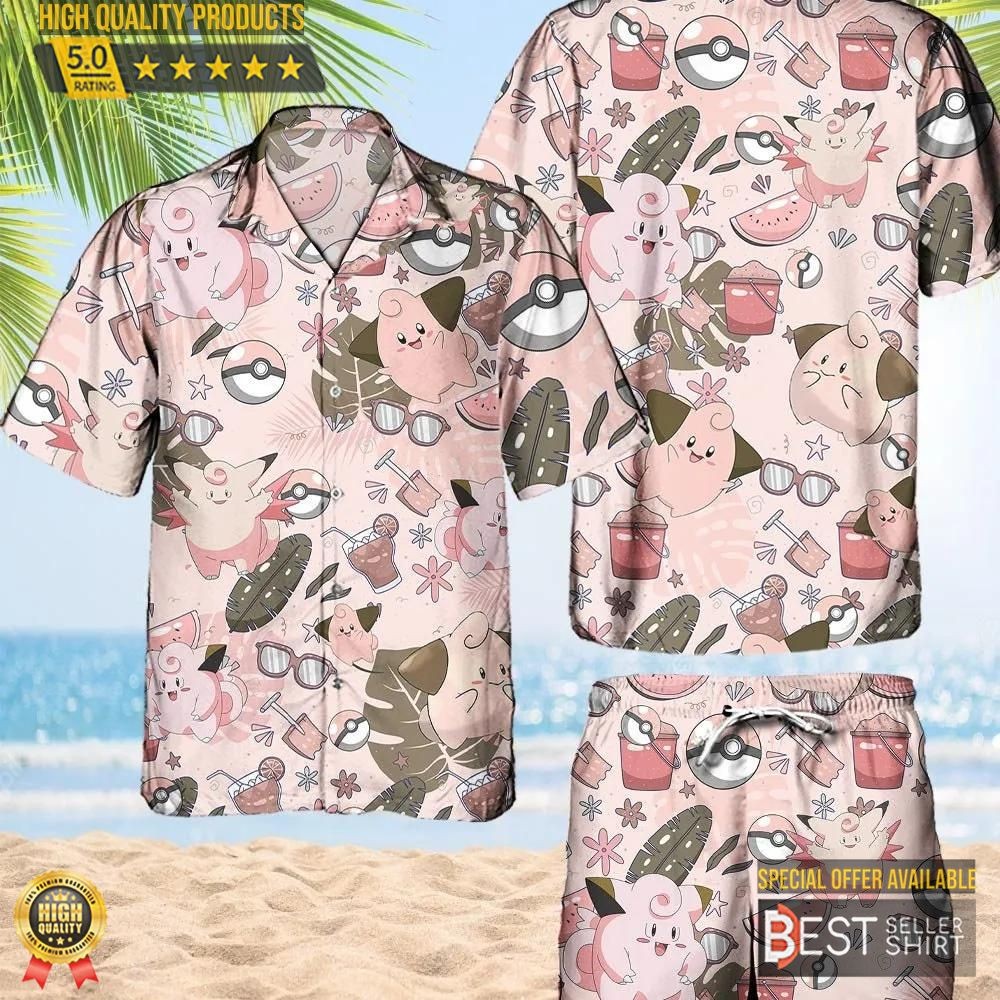 Pokemon Cleffa Hawaiian Pattern Hawaii Shirt Aloha Anime Clefable Nurse Button U