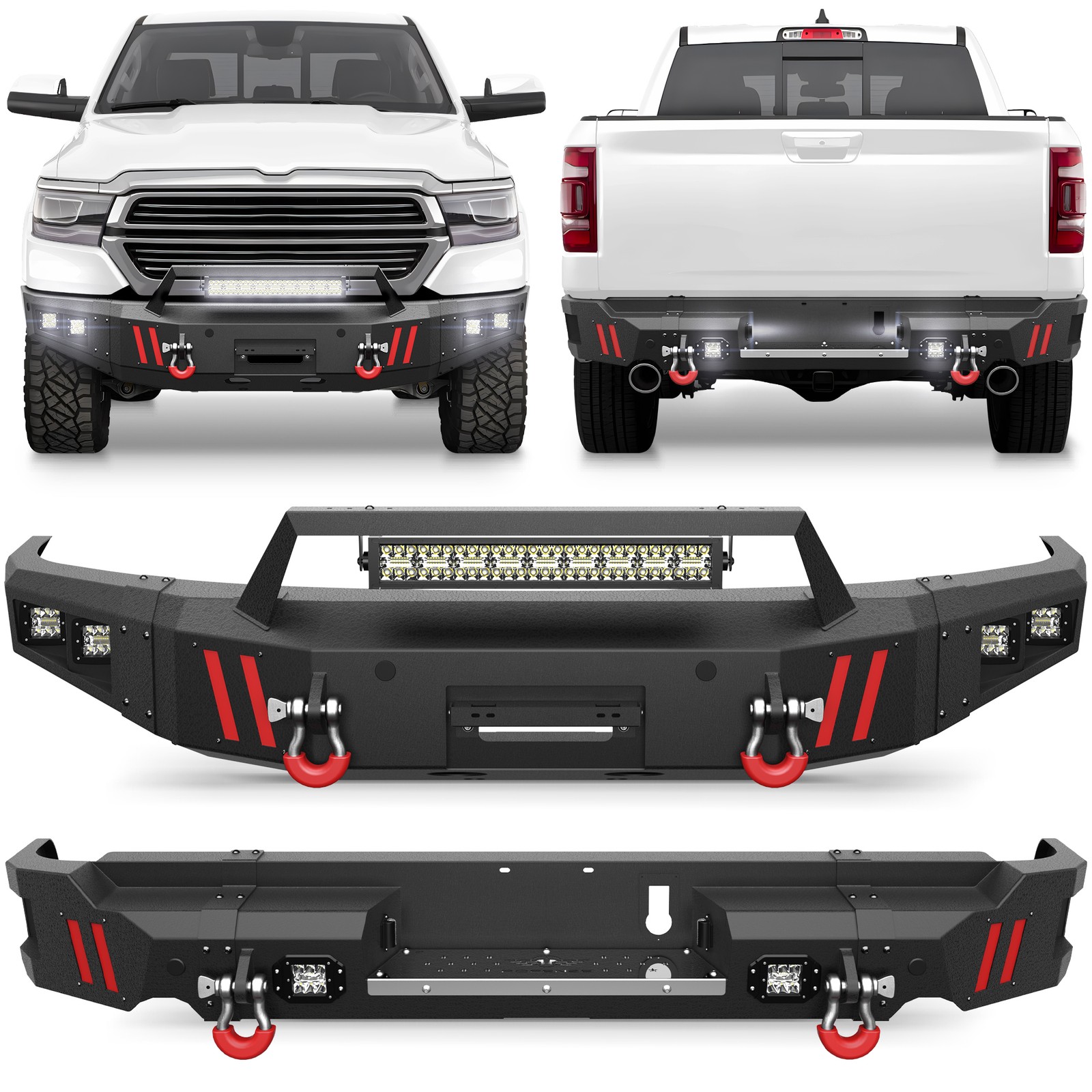 For 2019-2024 Ram 1500 Steel Front or Rear Bumper with Winch Plate +LED Lights