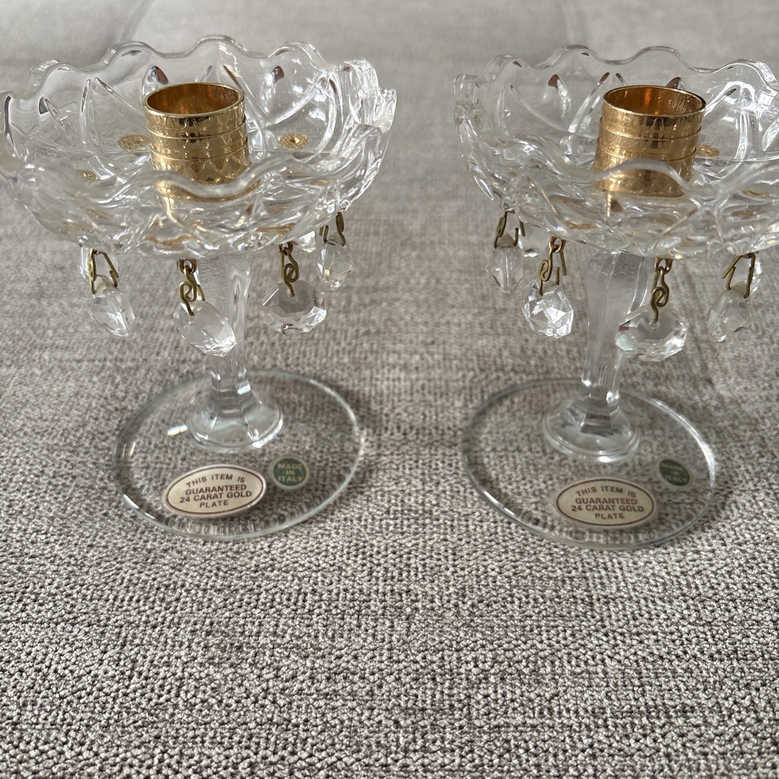 Set Of 2 Vtg Italian Crystal Chandelier Candlesticks 24kt Gold Plate. 4\ Set Of 2 Vtg Italian Crystal Chandelier Candlesticks 24kt Gold Plate. 4\