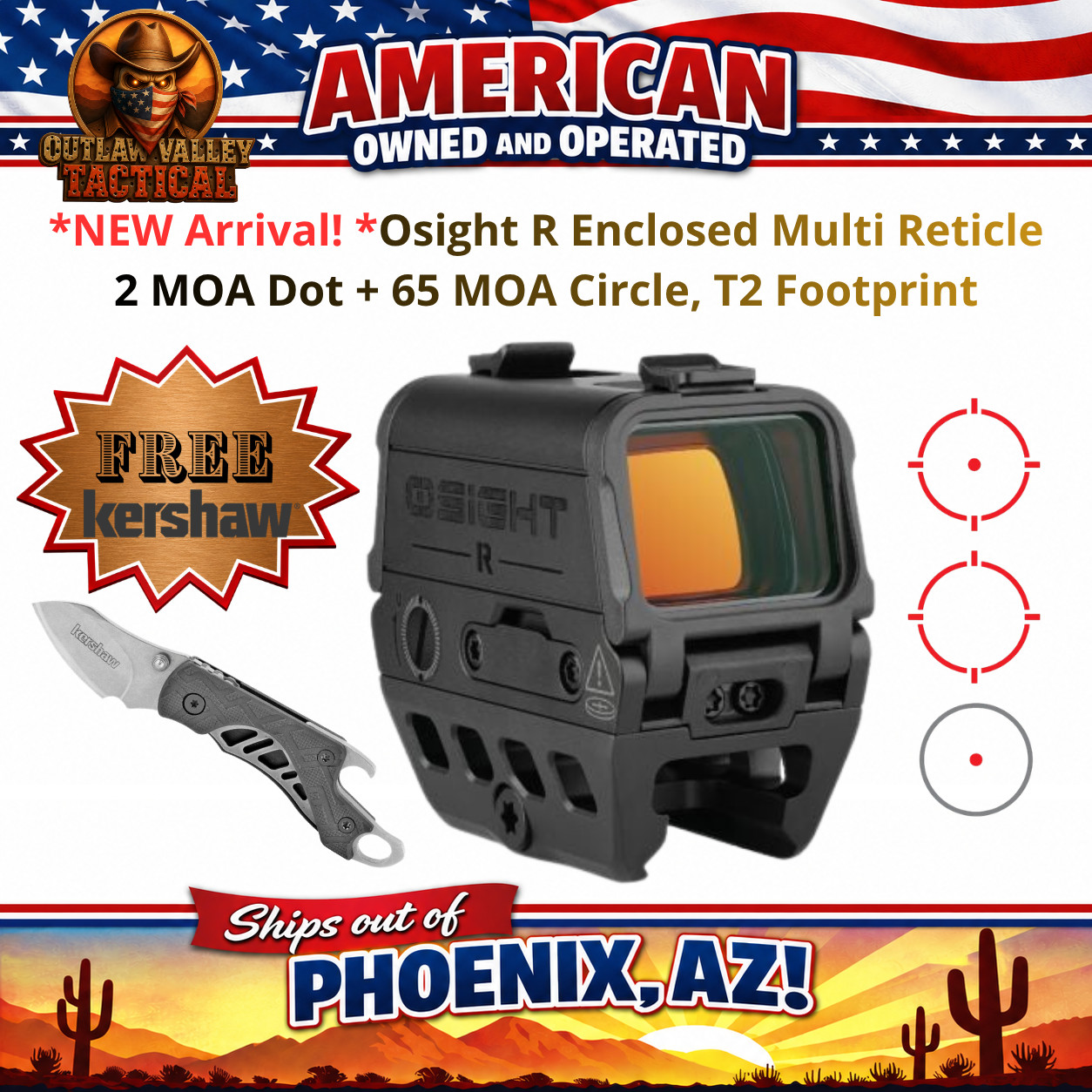 Osight R Multi Reticle 2 MOA Dot + 65 MOA Circle, T2 Footprint + FREE Kershaw