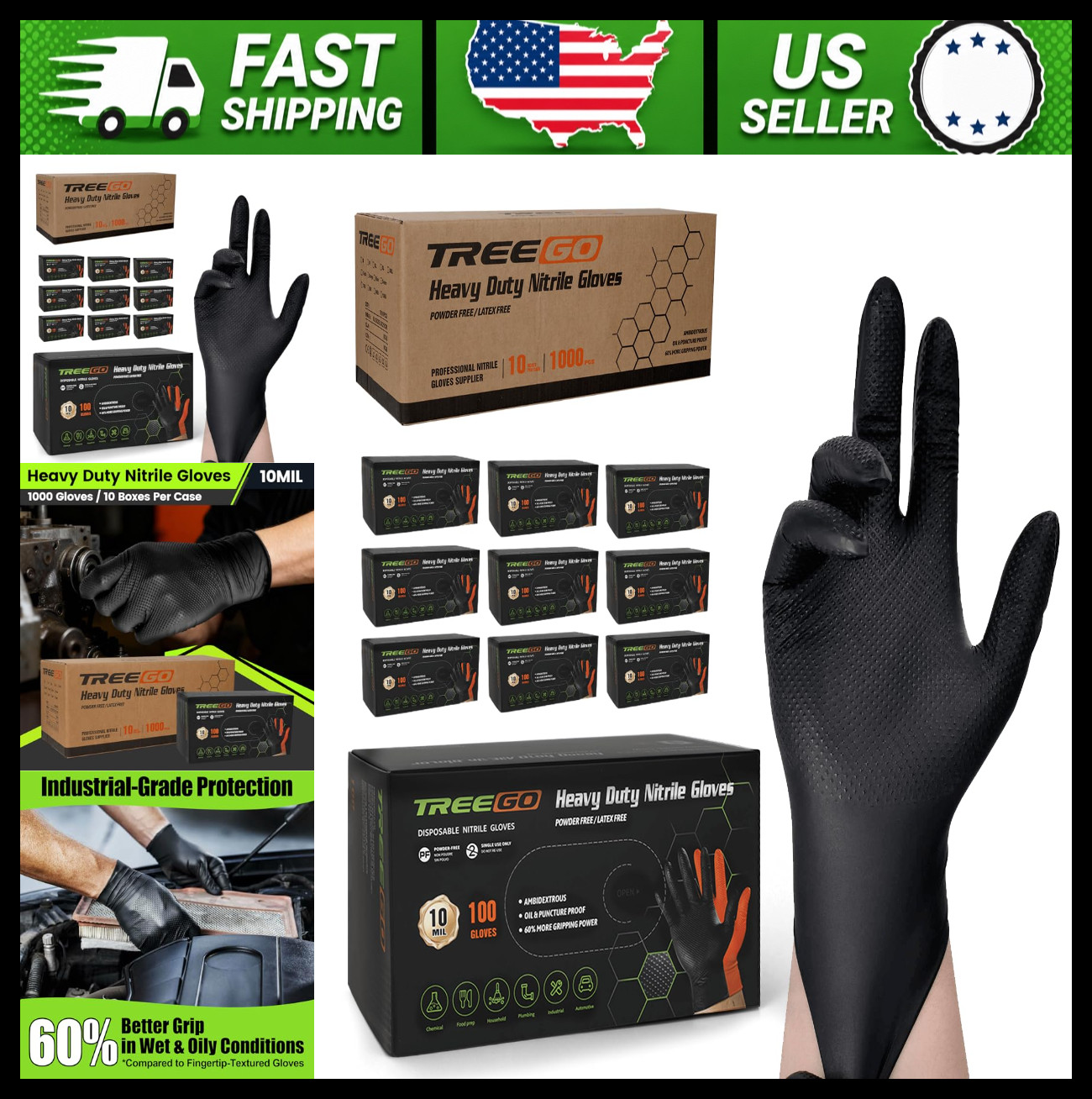 TREEGO Diamond Grip Nitrile Work Gloves, Black, Large, 1000 Count TREEGO Diamond Grip Nitrile Work Gloves, Black, Large, 1000 Count
