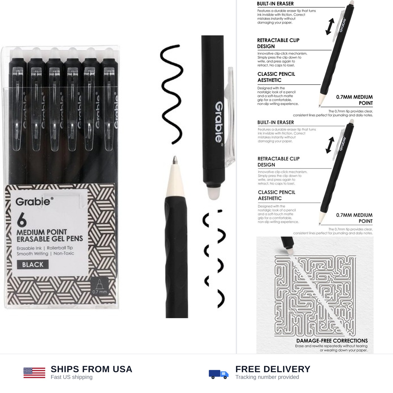 Grabie Erasable Gel Pens, 6 Black 0.7 mm Medium Point Pens | Rich Black Ink, ...