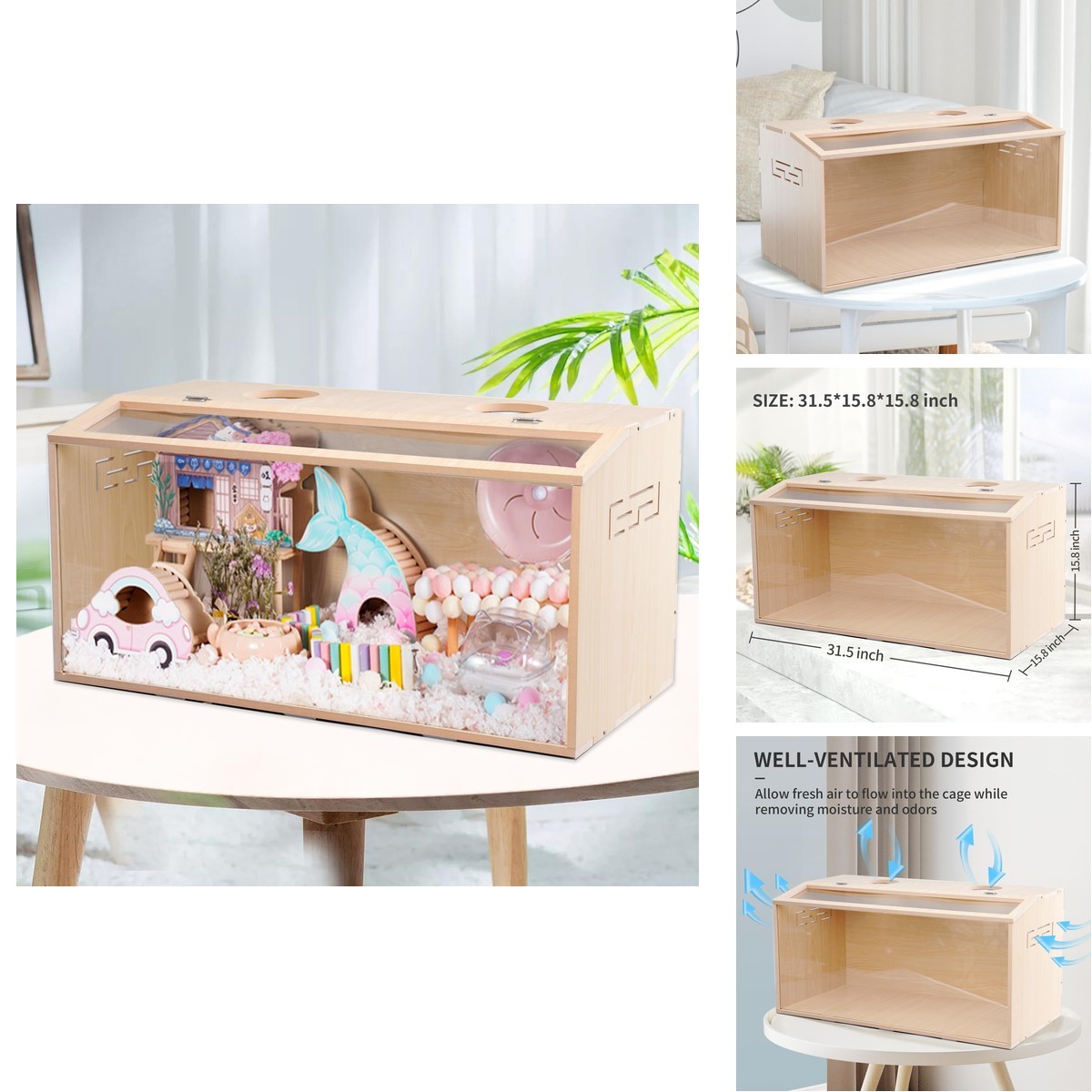 31.5 in Wooden Hamster Cage Openable Top Transparent Acrylic Ventilated for
