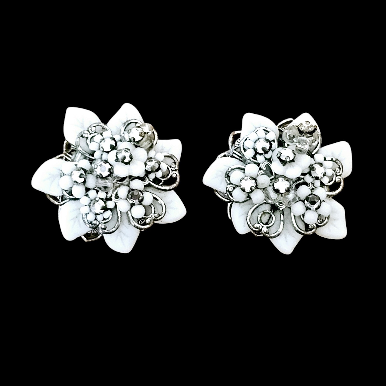 Vintage Robert Earrings Rhinestone Molded Glass Leaves White