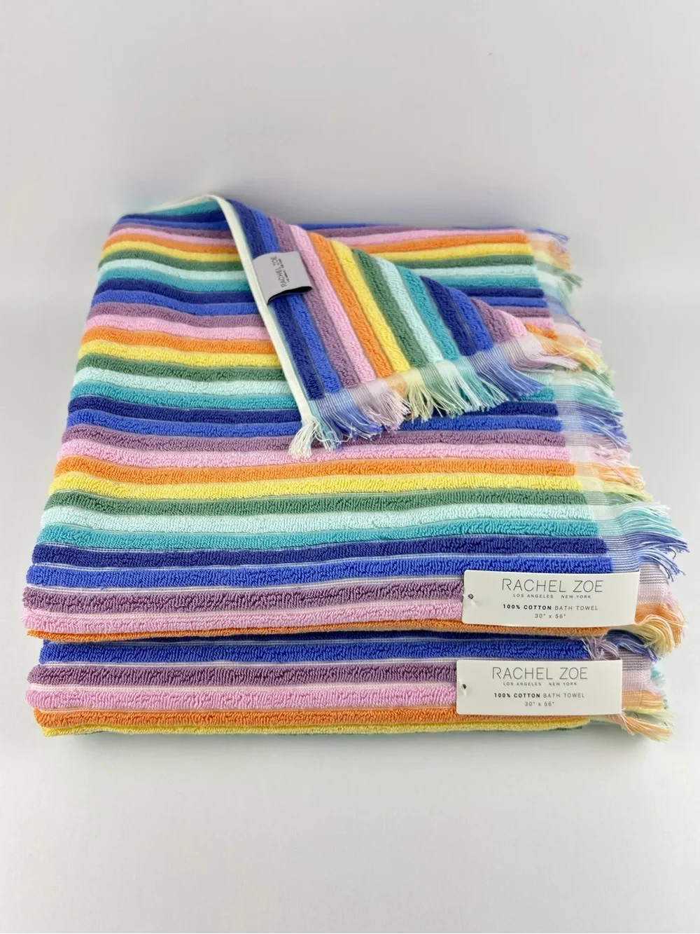 NWT Rachel Zoe Rainbow Striped Cotton Bath Towels Set of 2 Fringe Dorm Decor NWT Rachel Zoe Rainbow Striped Cotton Bath Towels Set of 2 Fringe Dorm Decor