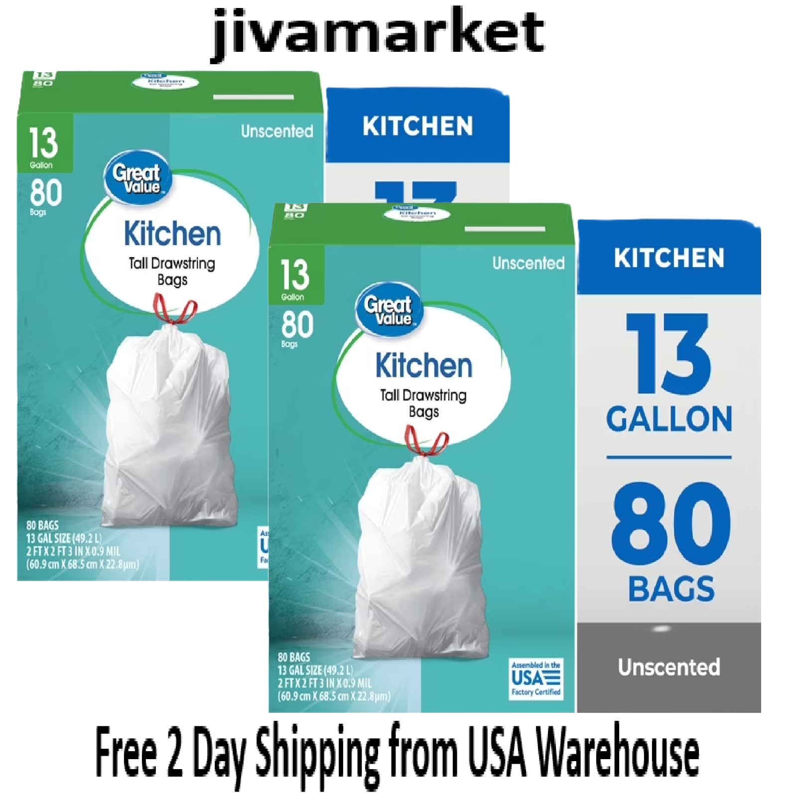 Great Value 13-Gallon Tall Kitchen Drawstring Trash Bags, 80 Count Each- 2 Pack