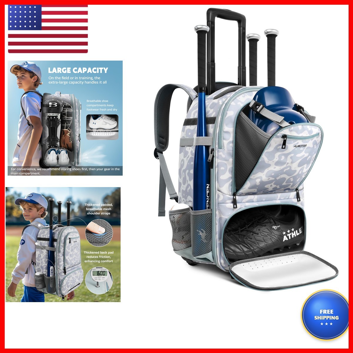 AUROTIER Rolling Softball Backpack Off-road Wheels, Large Catchers Gear Bag AUROTIER Rolling Softball Backpack Off-road Wheels, Large Catchers Gear Bag